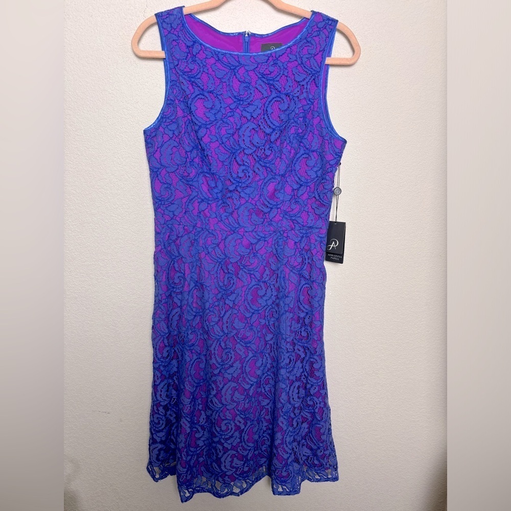 NWT Adrianna Papell Purple Blue Floral Lace Fit & Flare Pocketed Sheath Dress 10